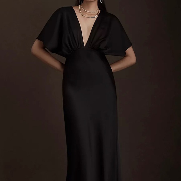 BHLDN Lelia Deep-V Flutter Sleeve Satin A-Line Gown - Picture 1 of 1
